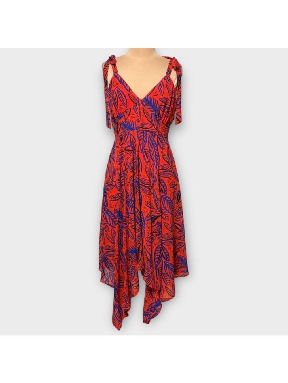 Alexis Midi Dress S Red Blue Tie Shoulder Asymmetric Hem EUC Tropical Target